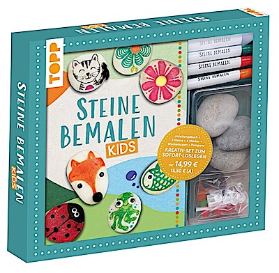 Kreativ-Set: Steine bemalen Kids mit Wackelaugen, Pompons, Anleitungsbuch & Material